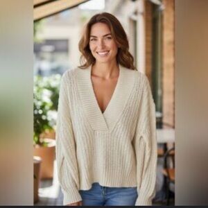 Anthropologie Pilcro wool mix Cream V-Neck oversized Sweater